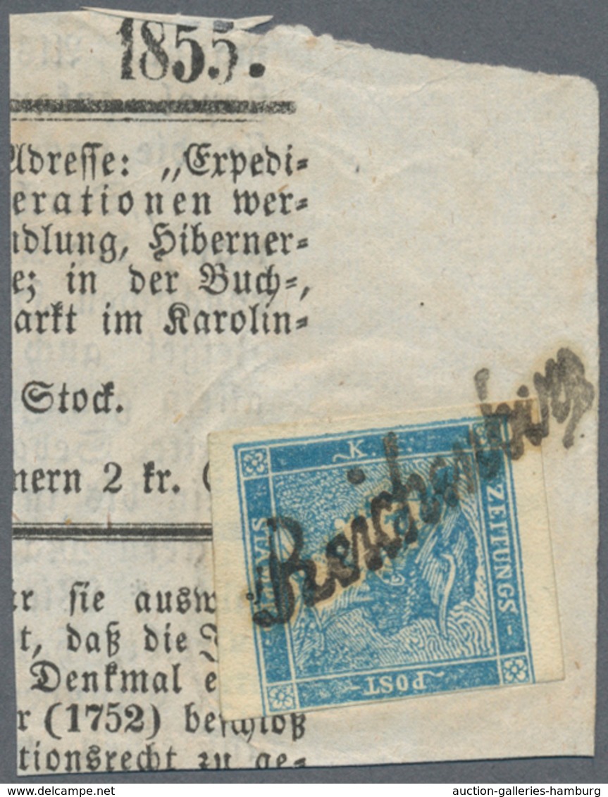 Österreich: 1851 Merkurkopf Zeitungsmarke 0,6 Kr Blau, Type II Mit Einzeiler "REICHENBURG" (Böhmen, - Cartas & Documentos