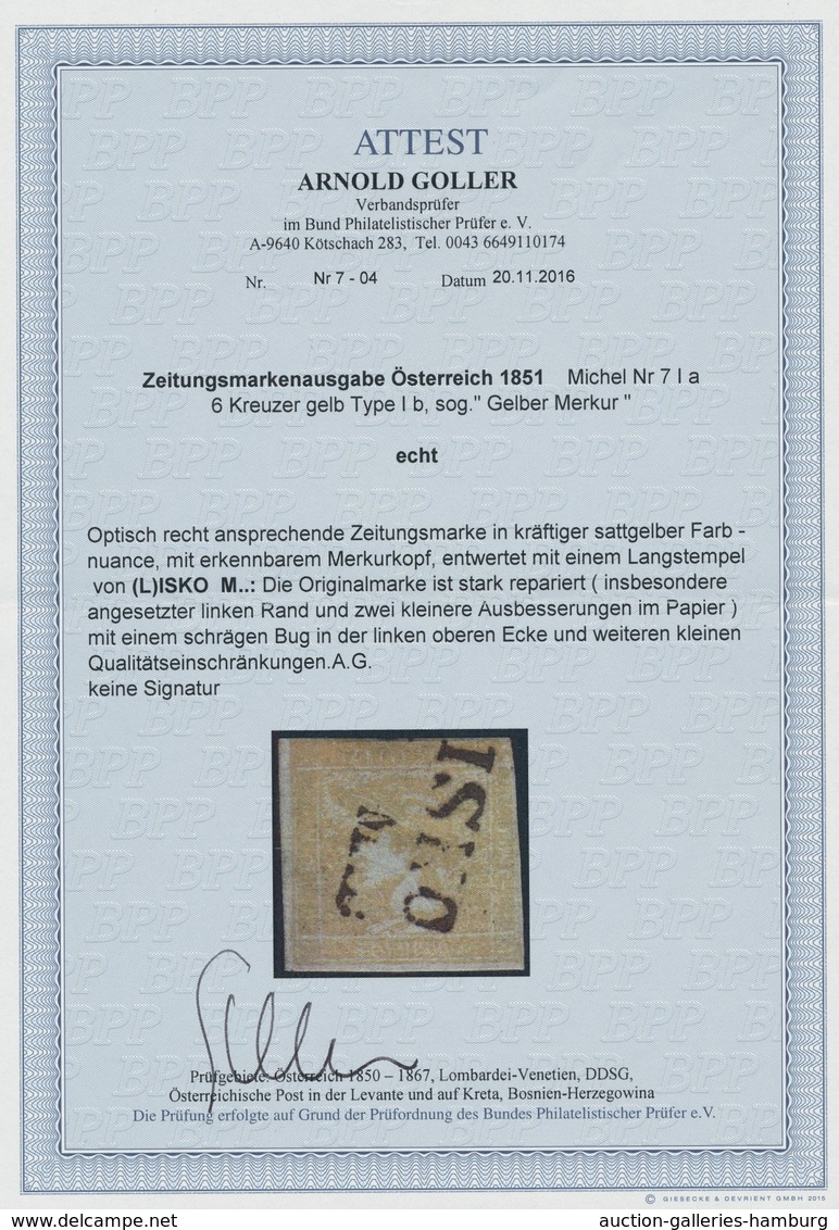 Österreich: 1851, "Gelber Merkur", Sauber (L)ISKO Gestempelter Wert In Sattgelber Farbnuance Mit Den - Briefe U. Dokumente