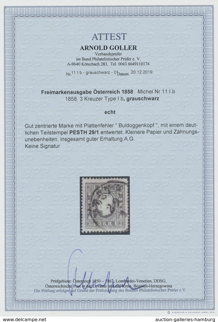 Österreich: 1858, "1 Kr. Grauschwarz, Type I B Mit PLF Buldoggenkopf", Frabfrischer Wert Mit Guter Z - Covers & Documents