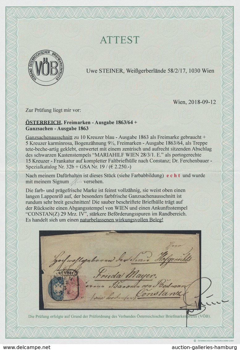 Österreich: 1863, "5 Kr. Wappen" Treppenartig Auf "10 Kr. Blau - Ganzsachenausschnitt" Als Portorich - Covers & Documents