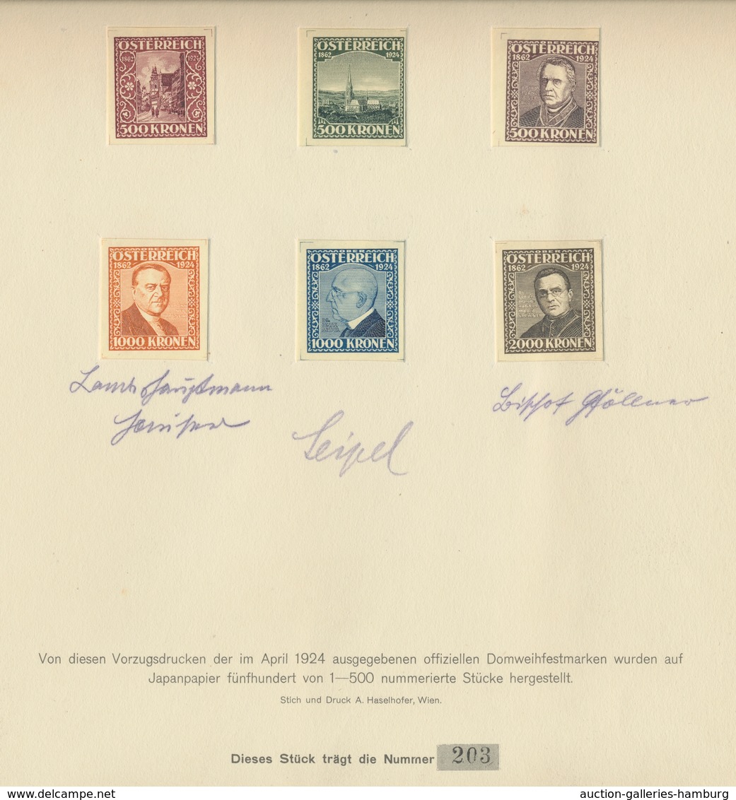 Österreich: 1924, "Domweih-Festmarken", Ungezähnter Satz Auf "Japanpapier" In Originalmappe Mit Nr. - Cartas & Documentos