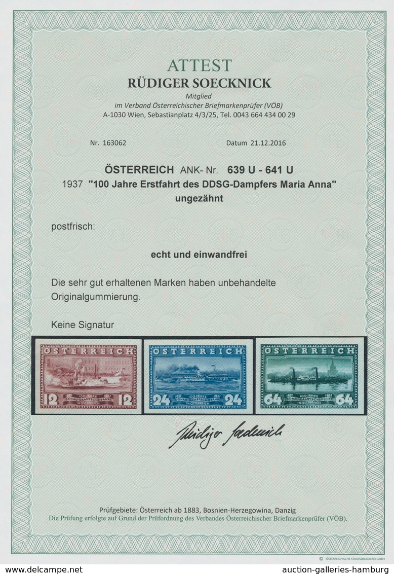 Österreich: 1937, "100 Jahre Erstfahrt des DDSG-Dampfers Maria Anna" 3 Werte komplett in der extrem