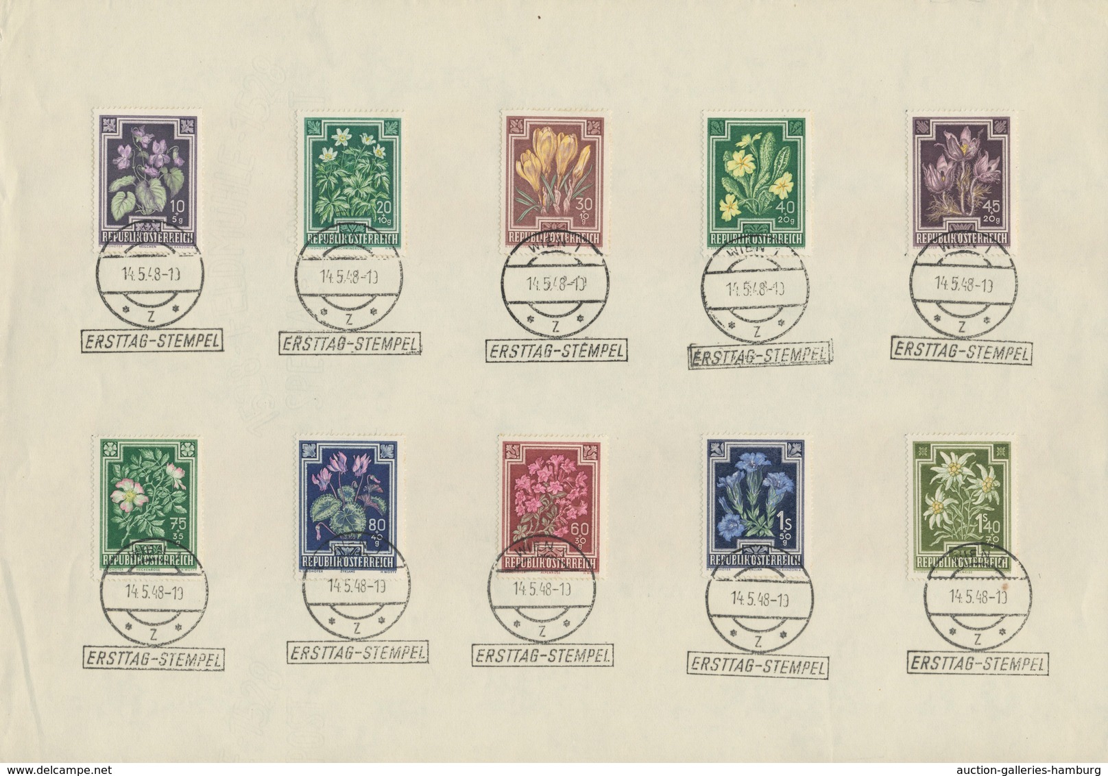 Österreich: 1948, Gebirgsblumen, Kompletter Satz 8 Werte Auf Blanko-A4-Blatt, Jeder Wert Einzeln Mit - Cartas & Documentos