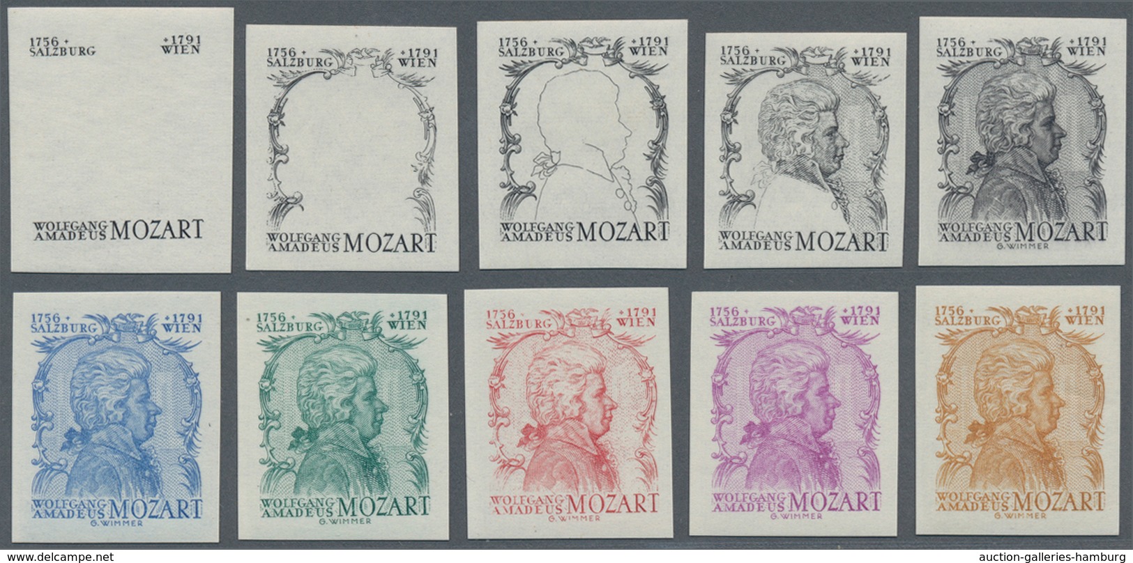 Österreich: 1956, Mozart 200. Geburtstag, Essay Von G.Wimmer, Set Von 10 Entwurfs-Phasendrucken, All - Covers & Documents