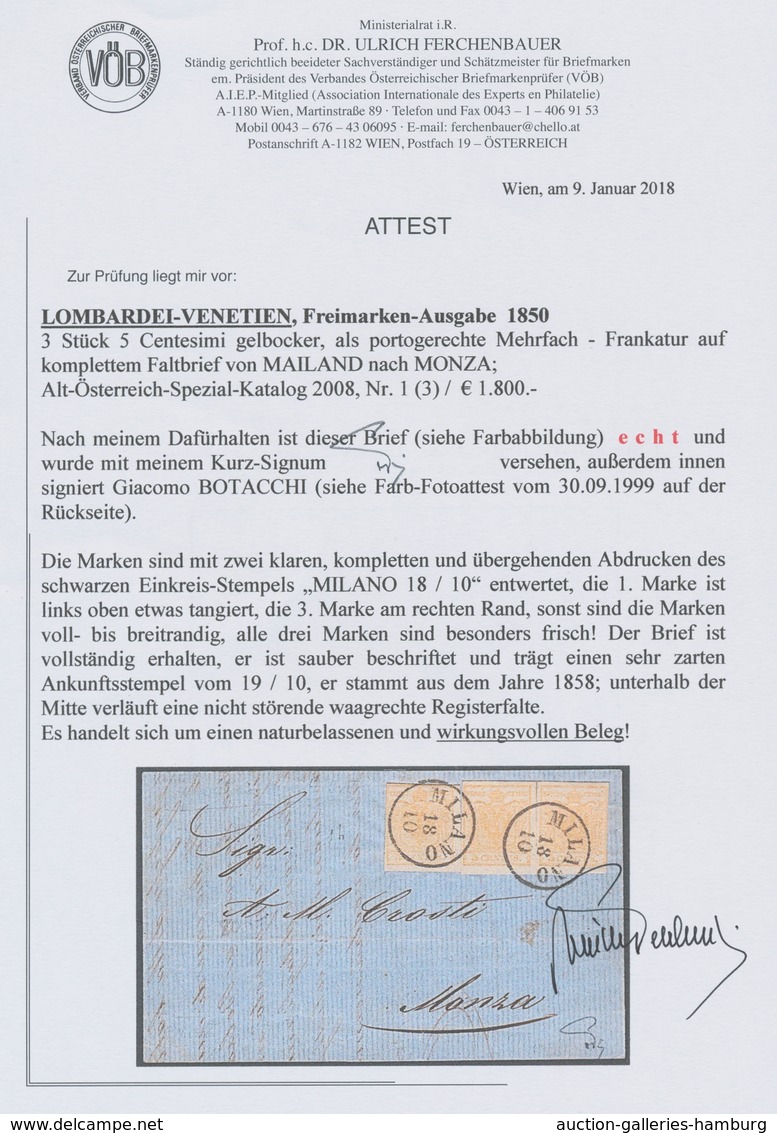 Österreich - Lombardei Und Venetien: 1850, 5 C Gelborange, Drei Stück Als Portogerechte Mehrfach-Fra - Lombardy-Venetia