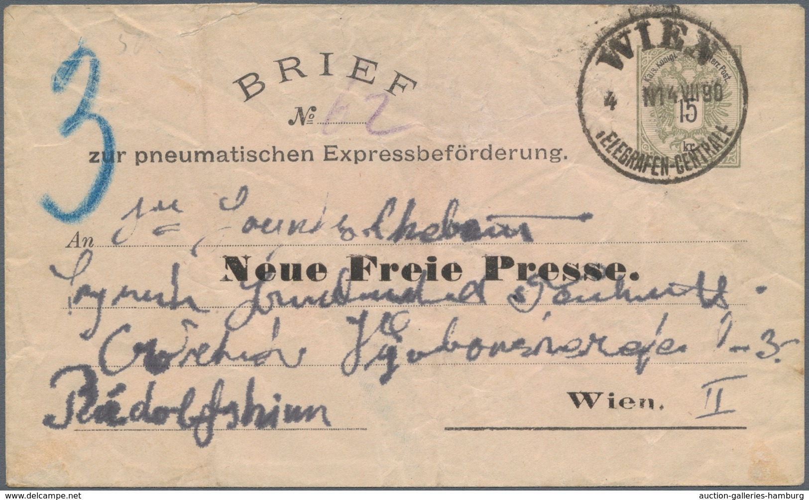 Österreich - Ganzsachen: 1890, 15 Kr Grau A. Rosa Rohrpostumschlag, Vs. Mit Privatem Adresszudruck " - Other & Unclassified