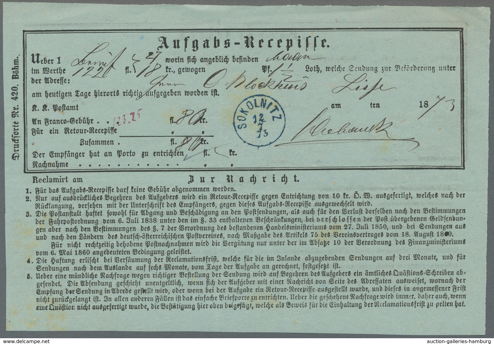 Österreich - Stempel: 1873 Bzw. 1876 - SOKOLNITZ (blau Und Schwarz), Zwei Klare Abschläge Je Auf Auf - Máquinas Franqueo (EMA)