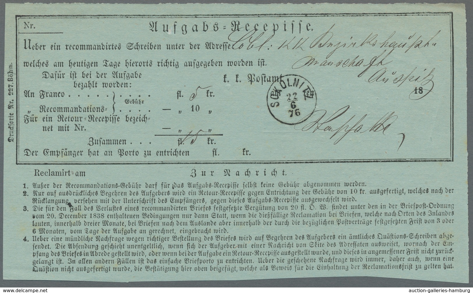 Österreich - Stempel: 1873 Bzw. 1876 - SOKOLNITZ (blau Und Schwarz), Zwei Klare Abschläge Je Auf Auf - Máquinas Franqueo (EMA)