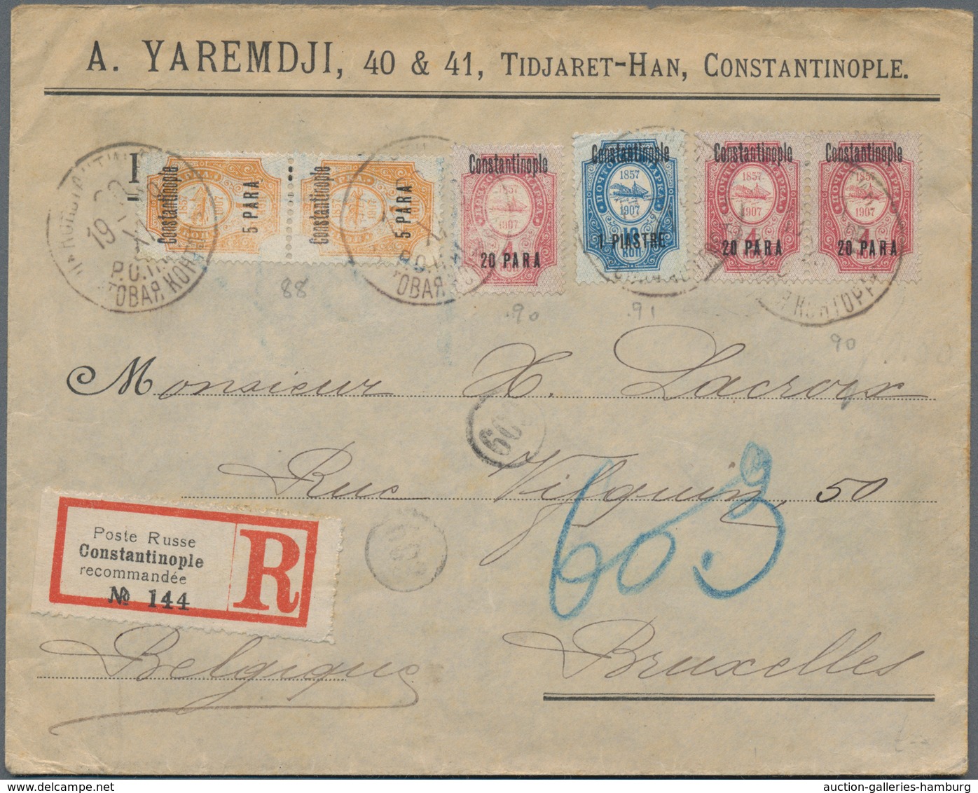 Russische Post In Der Levante - Staatspost: 1909, 5 Para Orange Pair, 20 Para Karmin And 1 Pia. On R - Levant