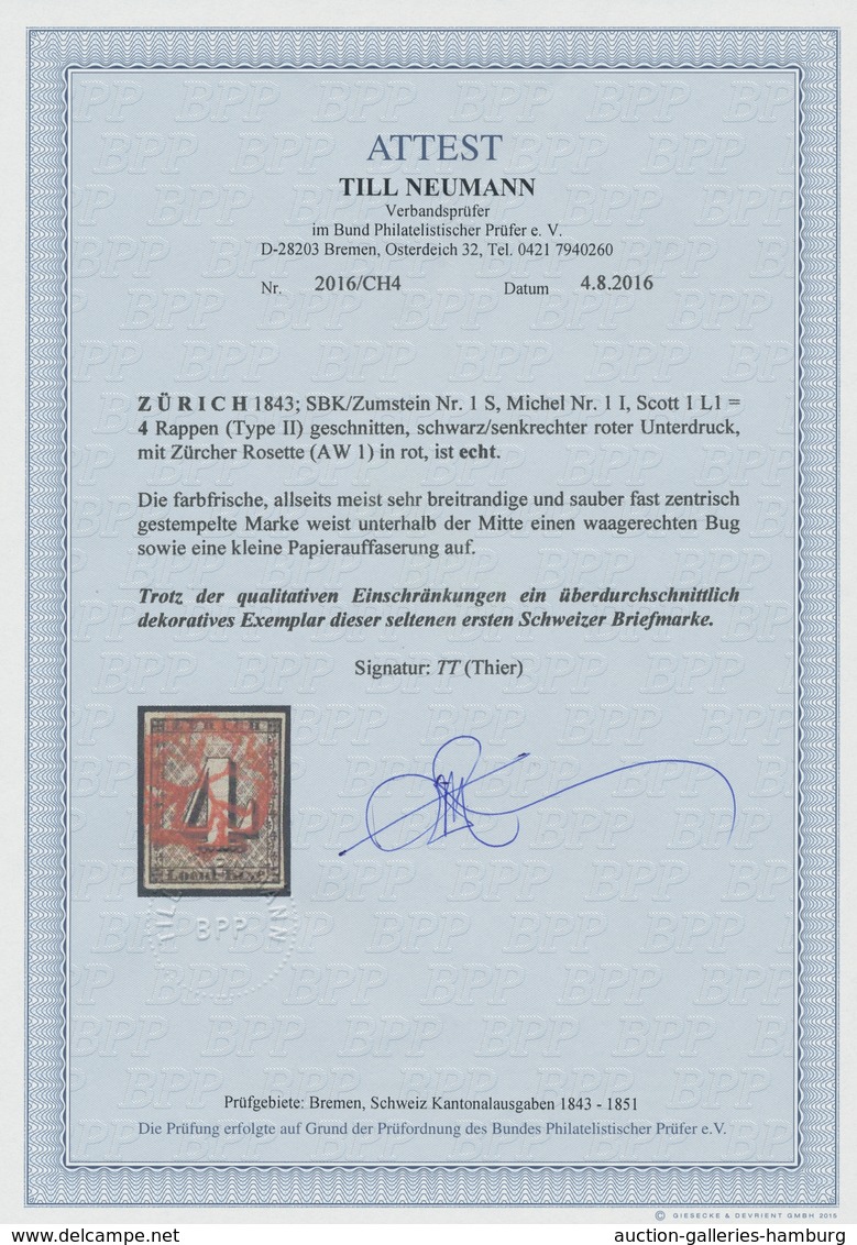 Schweiz - Zürich: 1843, "4 Rp. Linienunterdruck Senkrecht", Farbfrischer Wert Mit Allseits Meist Bre - 1843-1852 Poste Federali E Cantonali