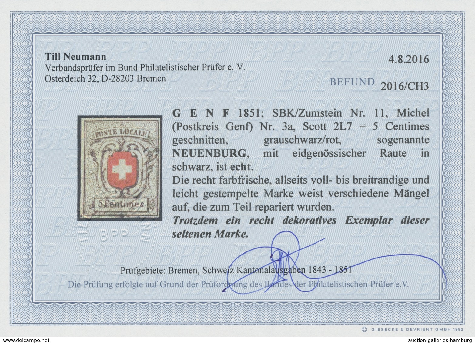 Schweiz: 1851, "Neuenburg Grauschwarz", Farbfrischer Wert Mit Allseits Vollen/breiten Rändern Und Sa - Gebraucht