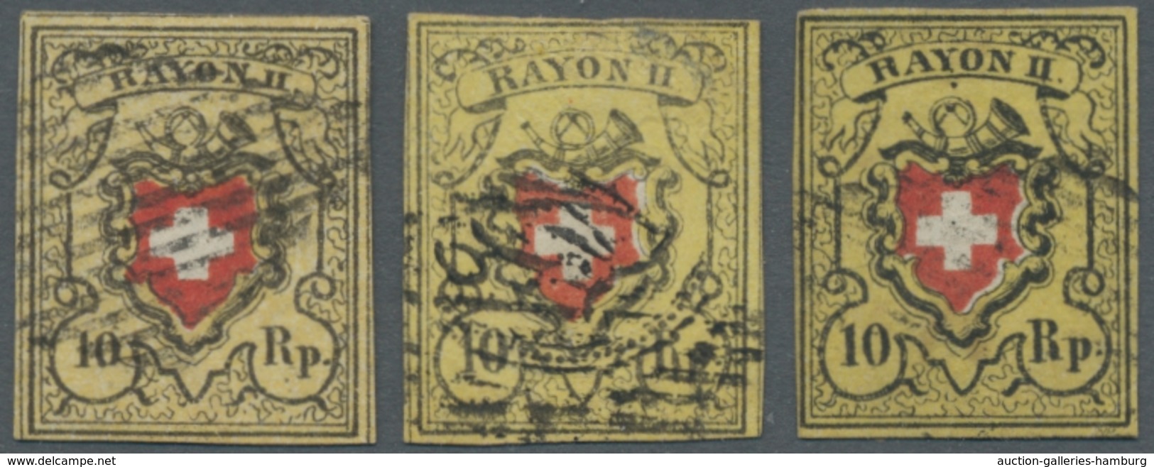 Schweiz: 1850, "Rayon II" 10 Rappen Ohne Kreuzrandlinie Partie Von 3 Gestempelten Werten Welche Alle - Used Stamps