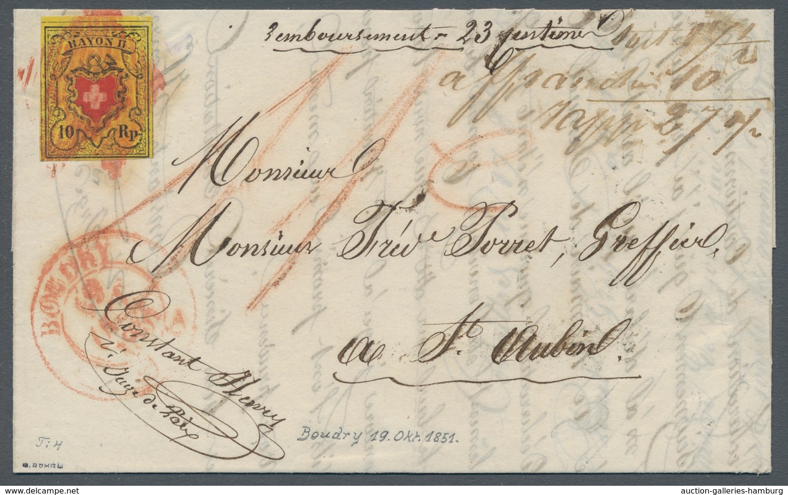 Schweiz: 1850, "10 Rp. Rayon II, Stein E, Type 4", Farbfrischer Oberrandwert Mit Allseits Vollen/bre - Usados