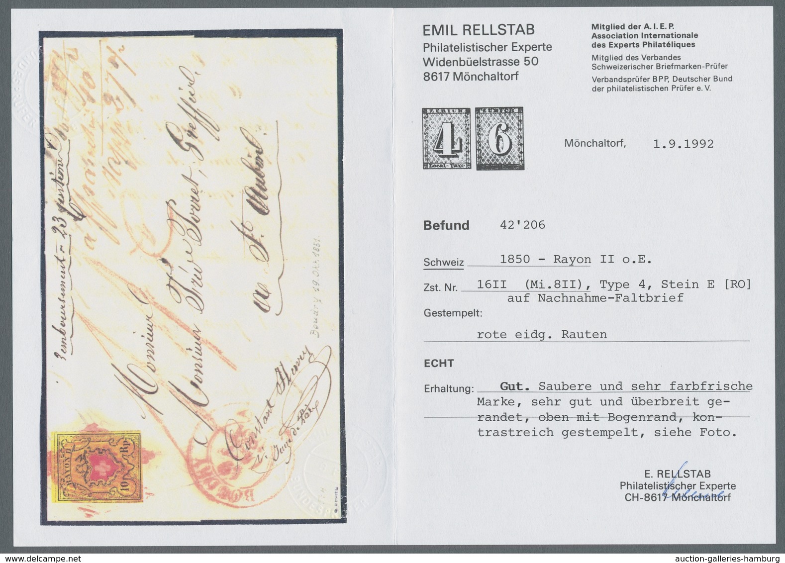 Schweiz: 1850, "10 Rp. Rayon II, Stein E, Type 4", Farbfrischer Oberrandwert Mit Allseits Vollen/bre - Used Stamps