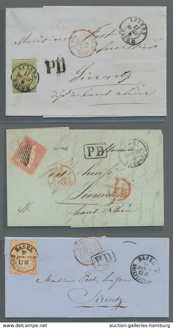 Schweiz: 1854, Strubli, 15 Rp. Rosa, 20 Rp. Orange Und 40 Rp. Grün, Jeweils Als Einzelfrankatur Auf - Gebraucht