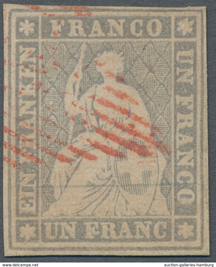 Schweiz: 1855, "1 Fr. Violettgrau, Berner Druck", Farbfrischer Wert Mit Seltener Entwertung Mit Rote - Used Stamps