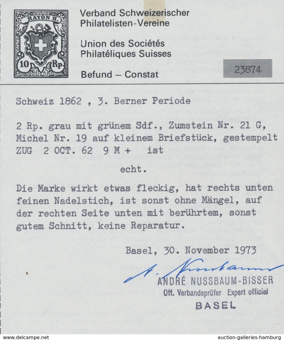 Schweiz: 1862, "2 Rp. Grau", Sauber ZUG 2 OCT. 62 Gestempelter Wert Auf Kleinem Briefstück, Rechts U - Usados