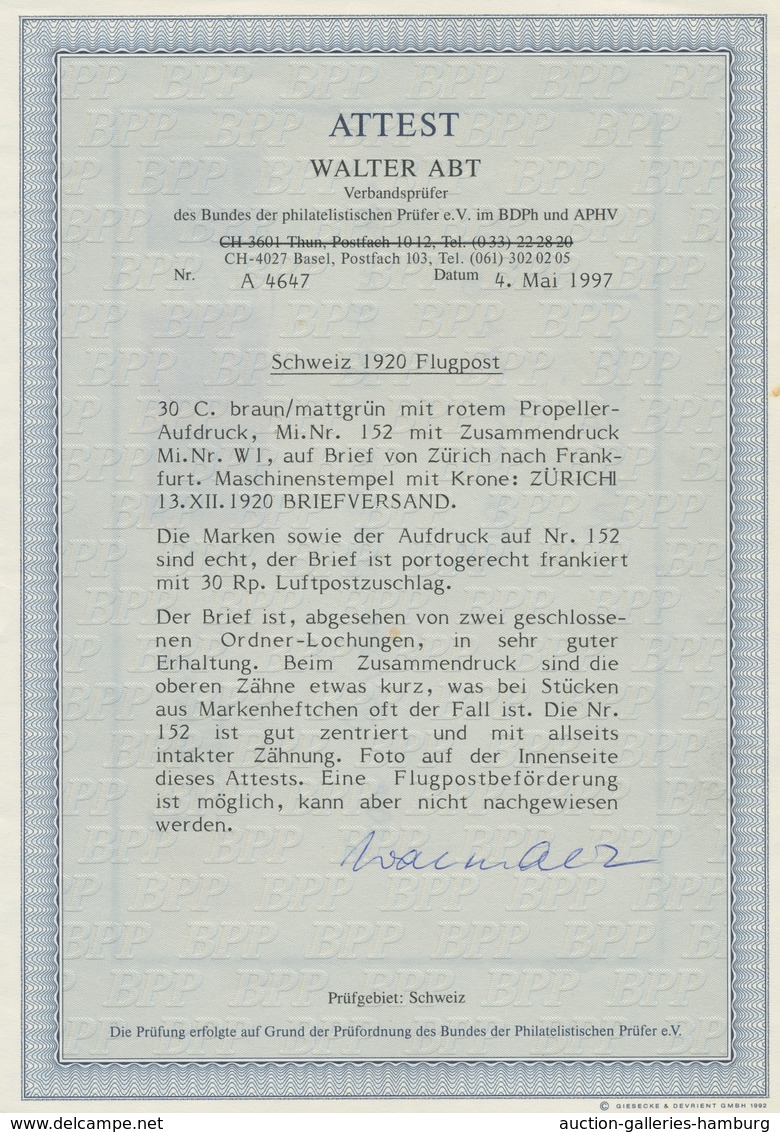 Schweiz: 1920, "30 C. Propeller", Allseits Vollzähniger Wert Mit W 1 Auf Brief Von ZÜRICH 13.XII.192 - Usados