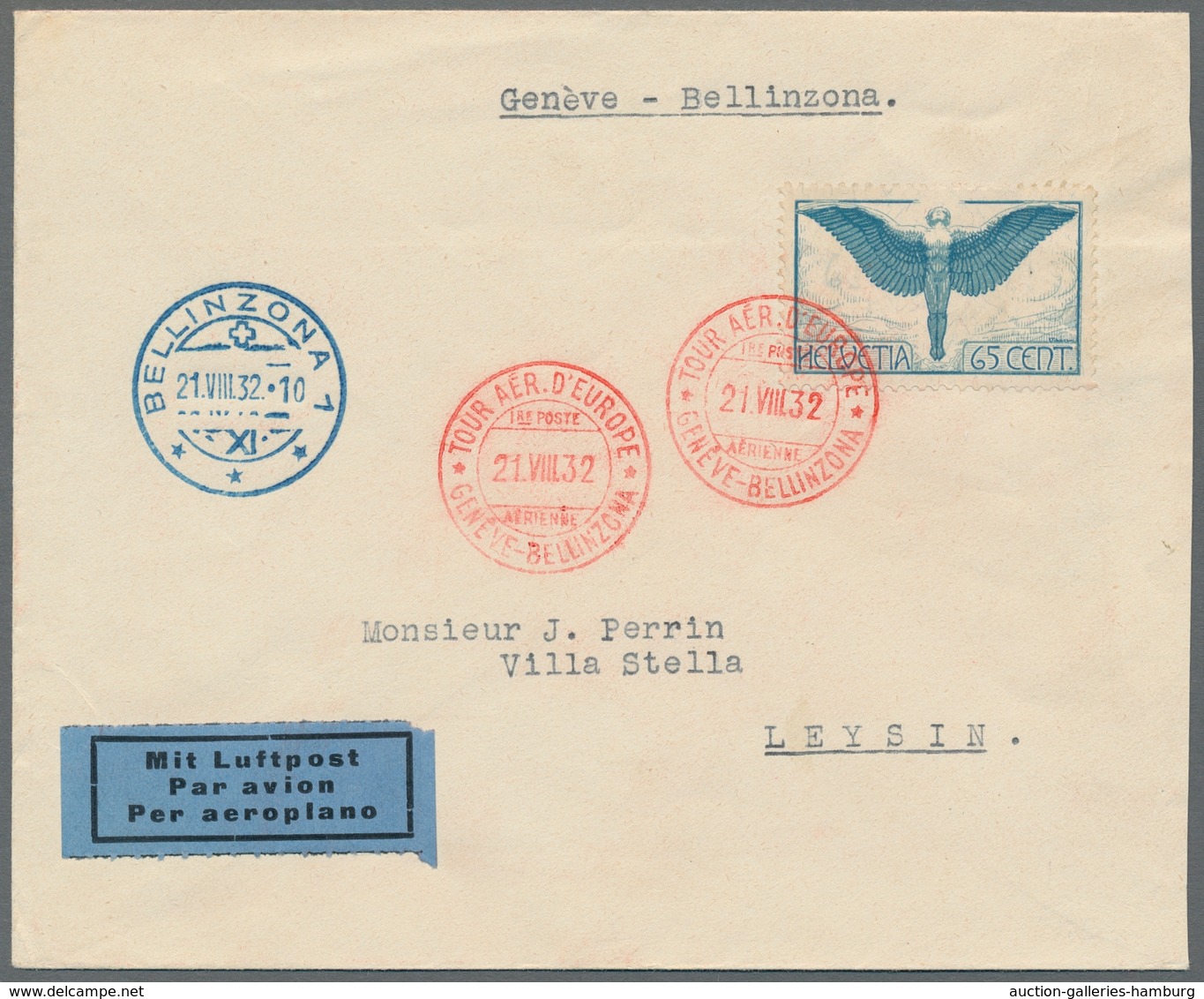 Schweiz: 1924, 65c Ikarus, Ef. Auf Luftpostbrief (roter SO.Stpl. "Tour Aer.d' Europe/Geneve-Bellinzo - Used Stamps
