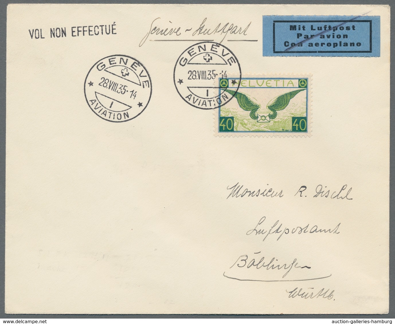 Schweiz: 1929, 40c Grün Als EF Auf Luftpostbrief Von Geneve 28.VIII 35 N. Böblingen, (der Flug Wurde - Usados