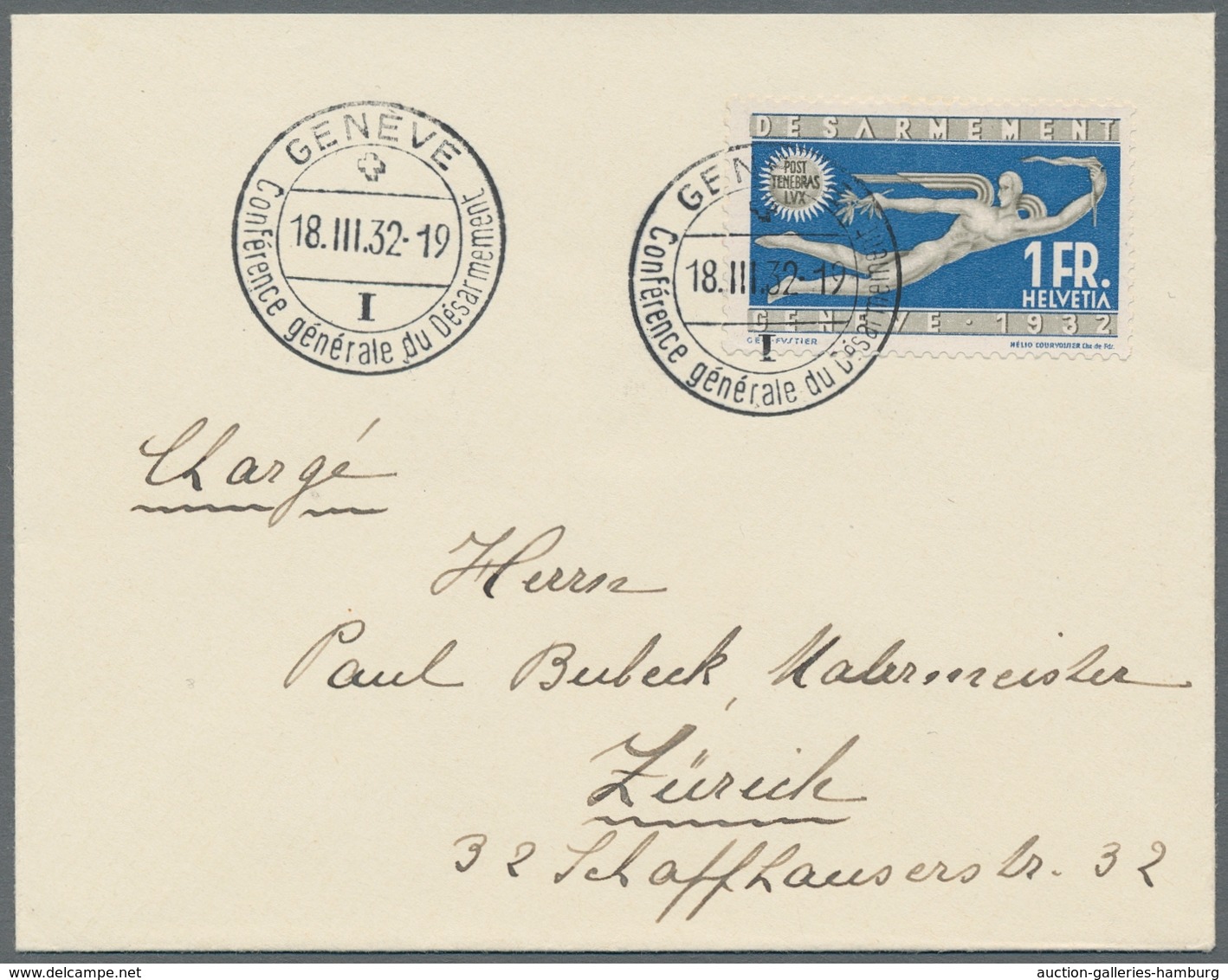 Schweiz: 1932, 1Fr. Ultramarin, Ef. Auf Kleinem R-Brief, Abrüstungskonferenz In Genf Vom 18.III.32 N - Usados