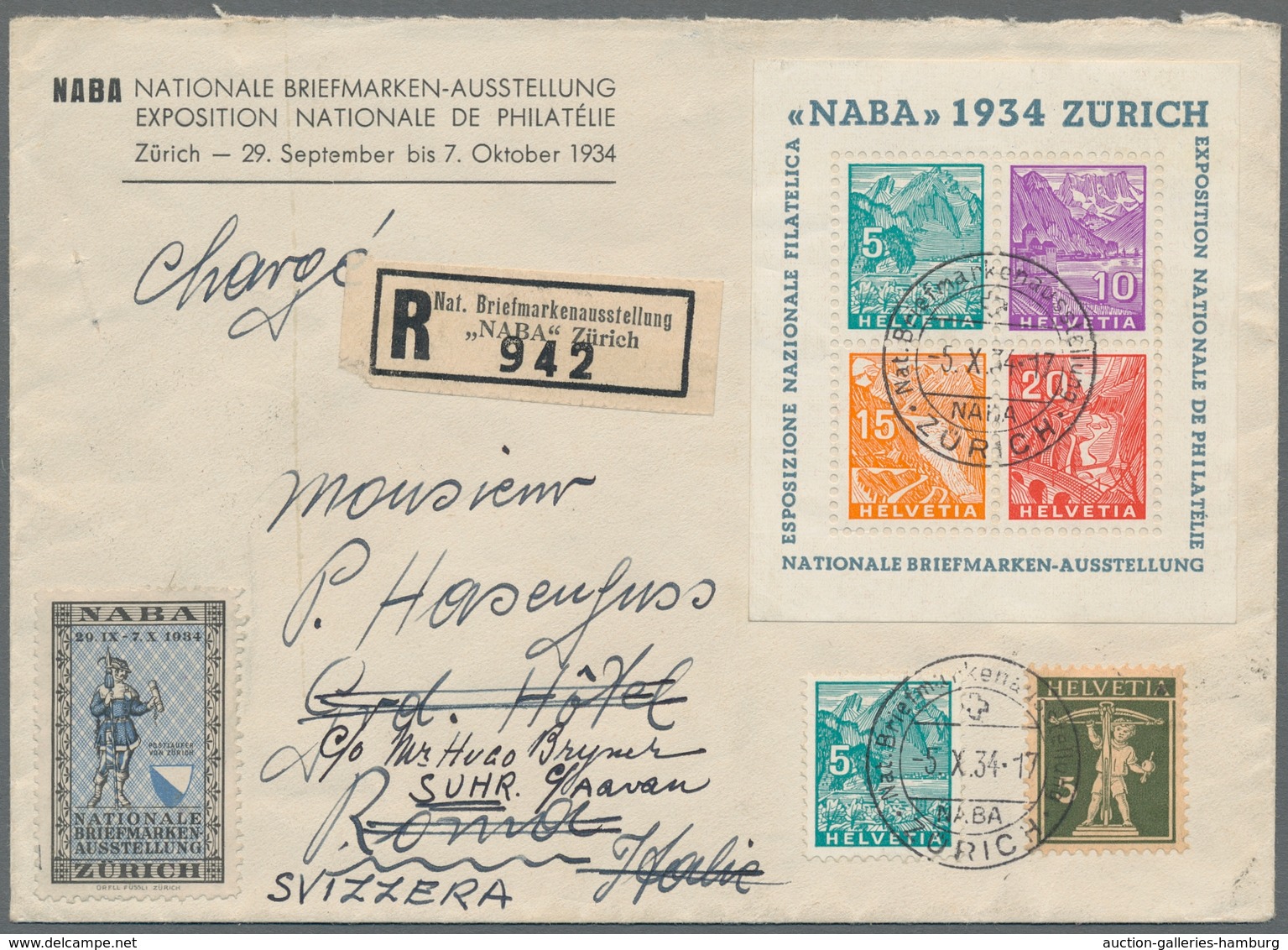 Schweiz: 1934, "NABA-Block", Block In Originalgröße Mit Zusatzfrankatur Auf R-Brief Mit SST Der Auss - Used Stamps