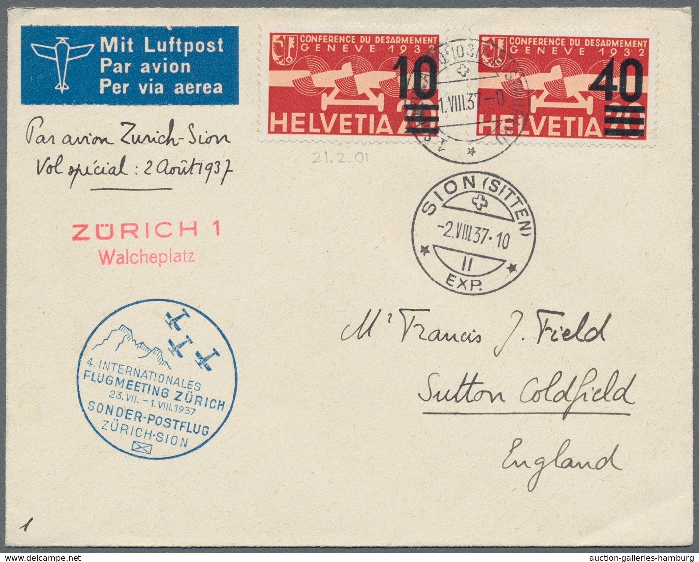 Schweiz: 1936, 10 A.20c Flugpost, Lt .Zumstein PF."Einbuchtung Am Unteren Balken", Zusammen Mit 40 A - Usados