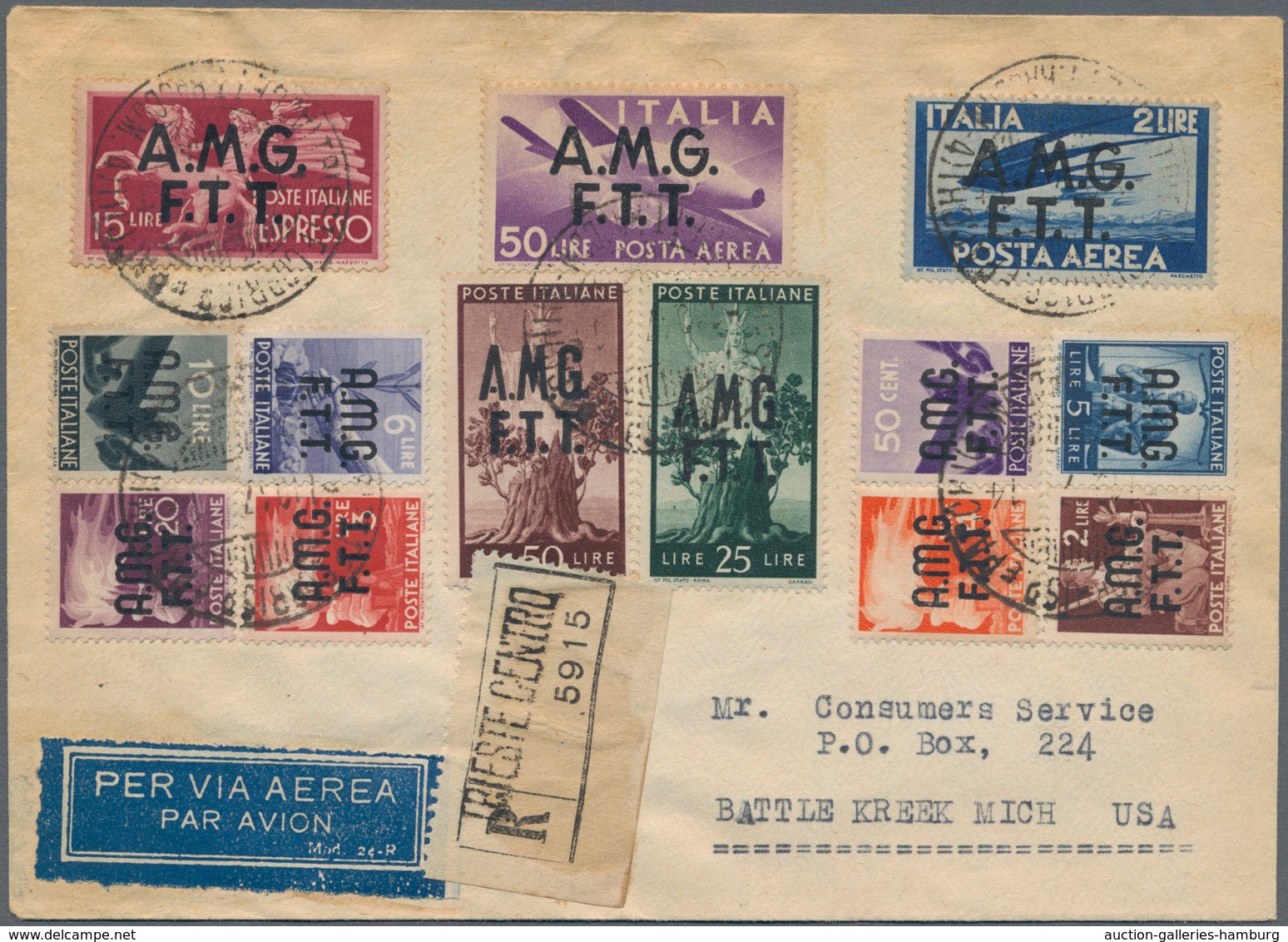 Triest - Zone A: 1947, Multicolor Franking With 13 Different Stamps, Comprising 10 Definitive Stamps - Marcofilía