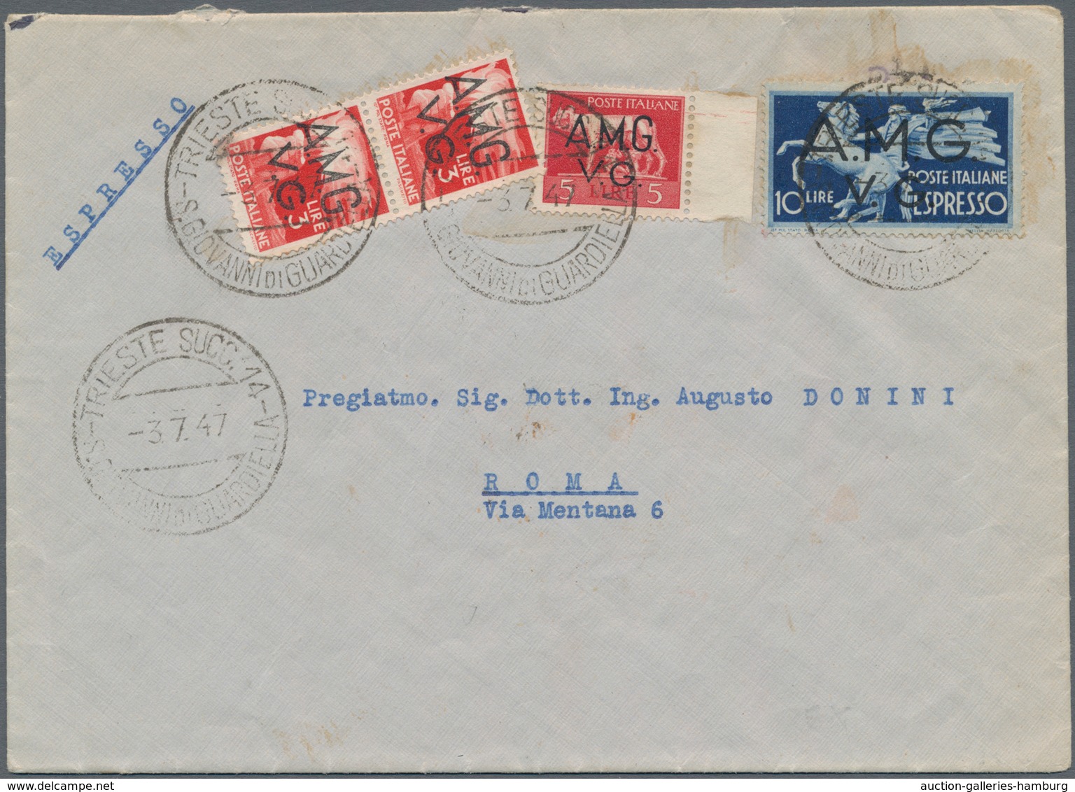 Triest - Zone A: 1947, 2 X 3 L Red, 5 L Carmine And 10 L Dark Blue Express Stamp, Mixed Franking On - Marcofilía