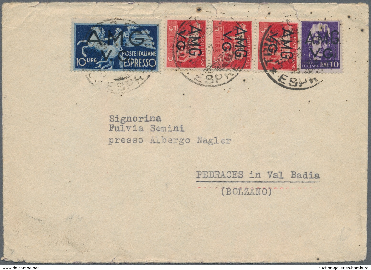 Triest - Zone A: 1947, 3 X 5 L Carmine, 10 L Violet And 10 L Dark Blue Express Stamp, Mixed Franking - Marcofilía
