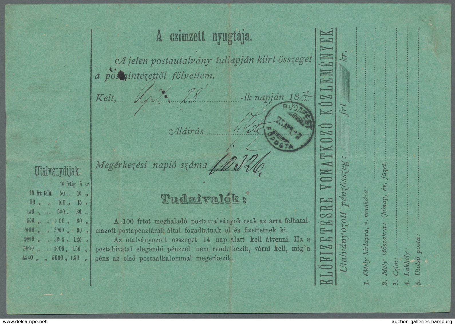 Ungarn - Ganzsachen: 1874, Postanweisungsganzsache Zu 5 Kreuzer Entwertet "Rosta-Utalvány 20.4.75" M - Enteros Postales