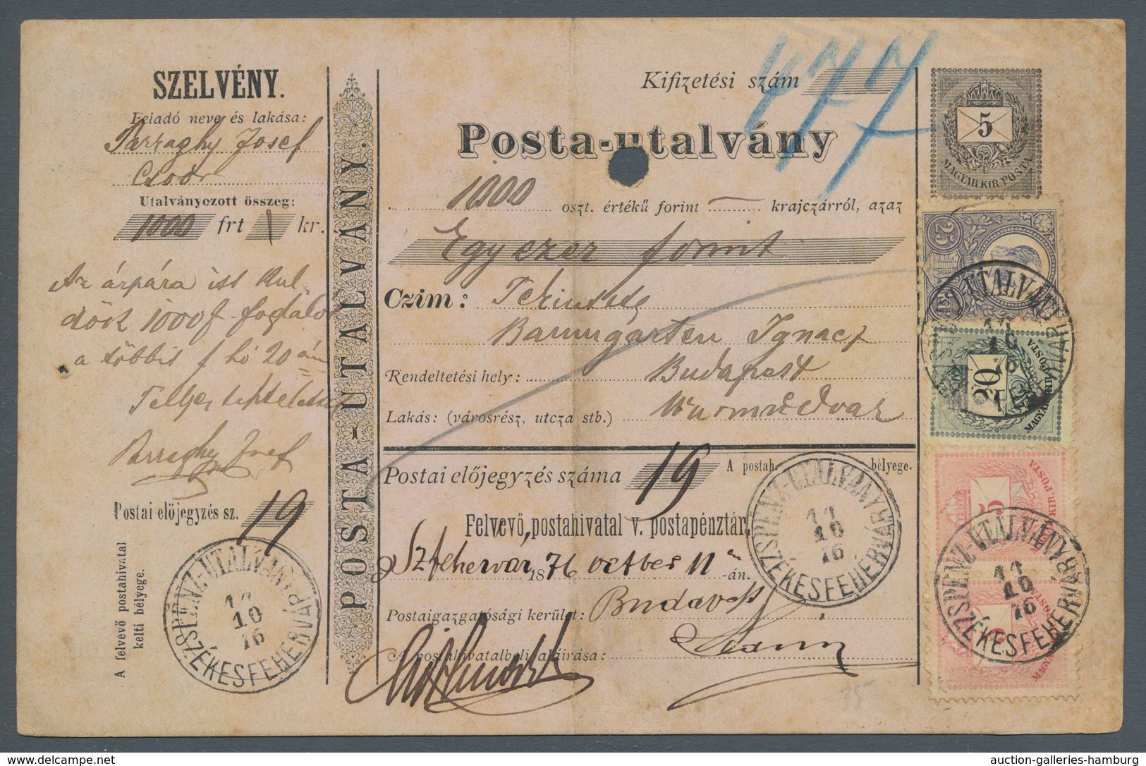 Ungarn - Ganzsachen: 1875, Postanweisungsganzsache Zu 5 Kreuzer Entwertet "Pénz-Utalvany Székesfeher - Enteros Postales