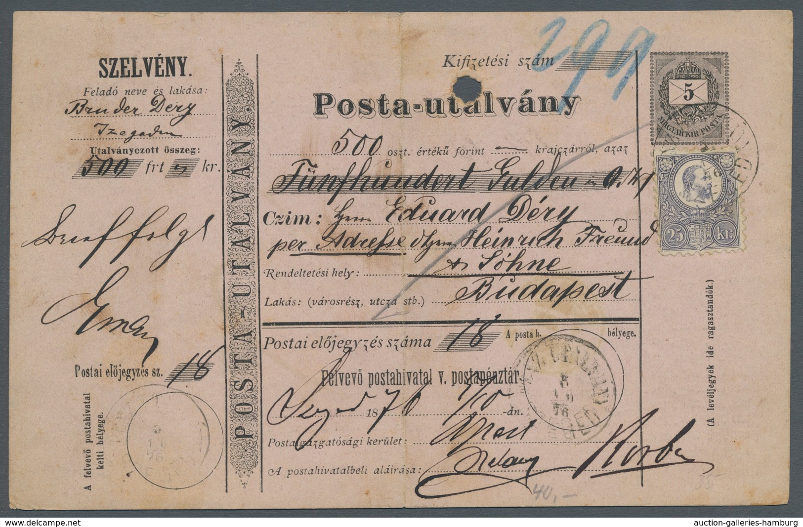 Ungarn - Ganzsachen: 1875, Postanweisungsganzsache Zu 5 Kreuzer Entwertet "...z ....ny Szeged 5.10.7 - Enteros Postales