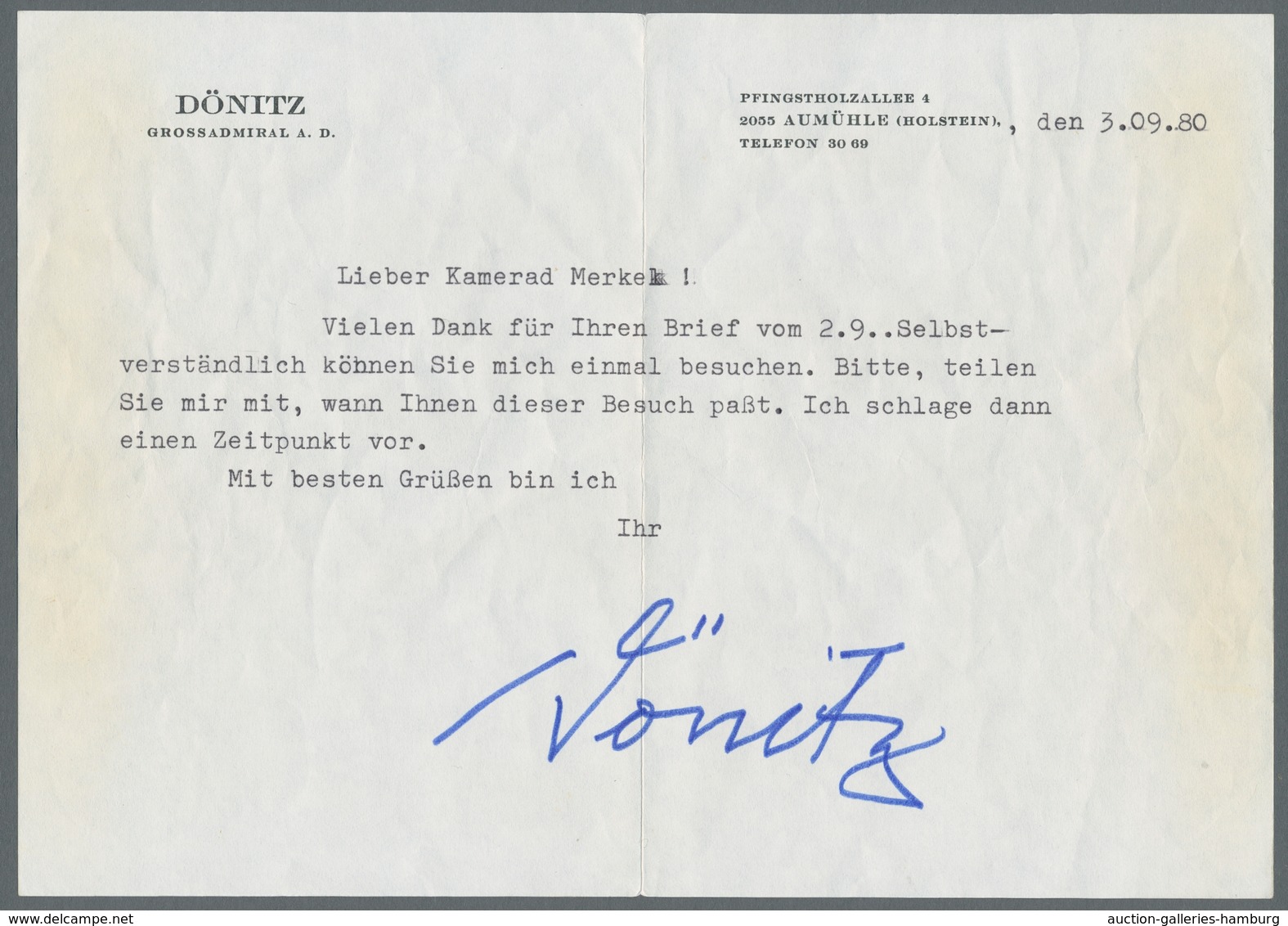Autographen: "DÖNITZ", Handschriftliche Unterschrift Auf Einem DIN A5-Blatt Mit Gedrucktem Absenderv - Altri & Non Classificati