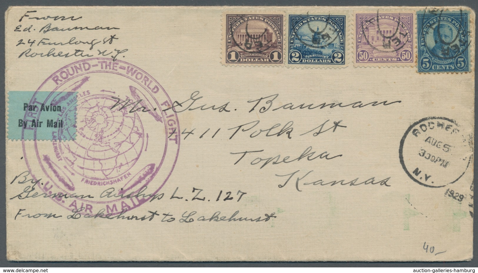 Zeppelinpost Übersee: 1929, Zwei Briefe U. Eine GA Mit Div.Mif. USA Alle Mit Dem Zeppelin-Rundflug, - Zeppelines
