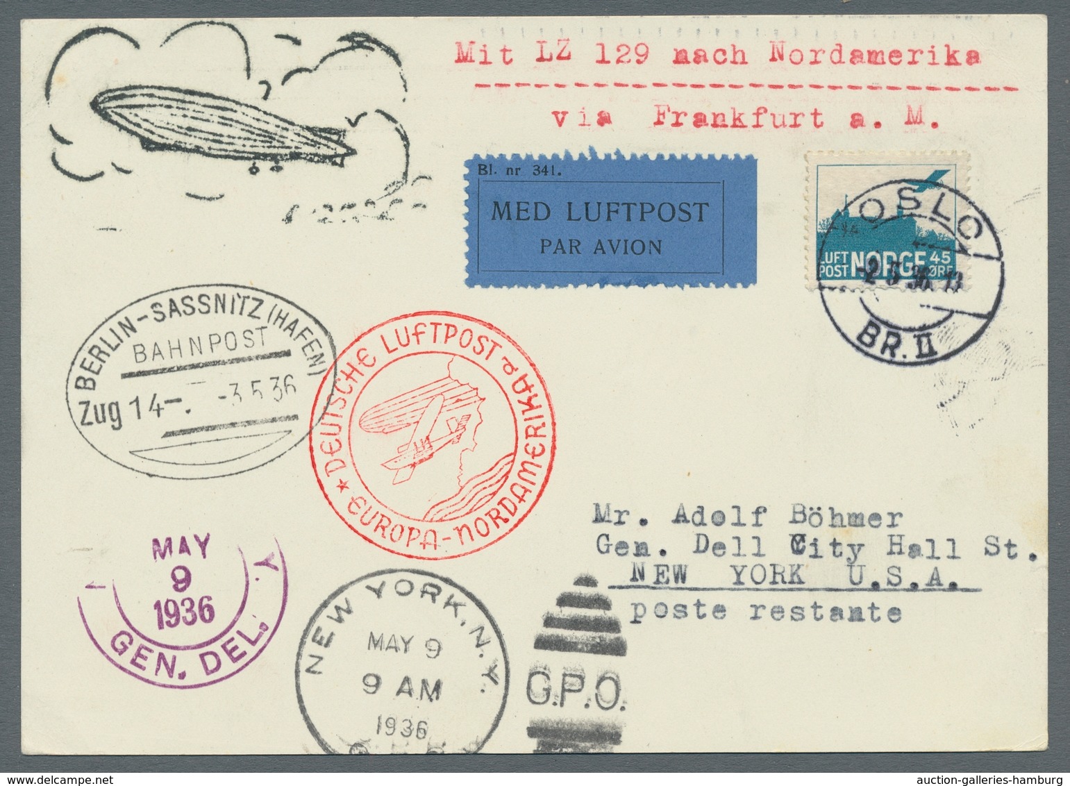 Zeppelinpost Europa: 1936, 1. Nordamerikafahrt, Zuleitung Norwegen 45 Öre Als EF Von Oslo 2.5.36 Mit - Europe (Other)
