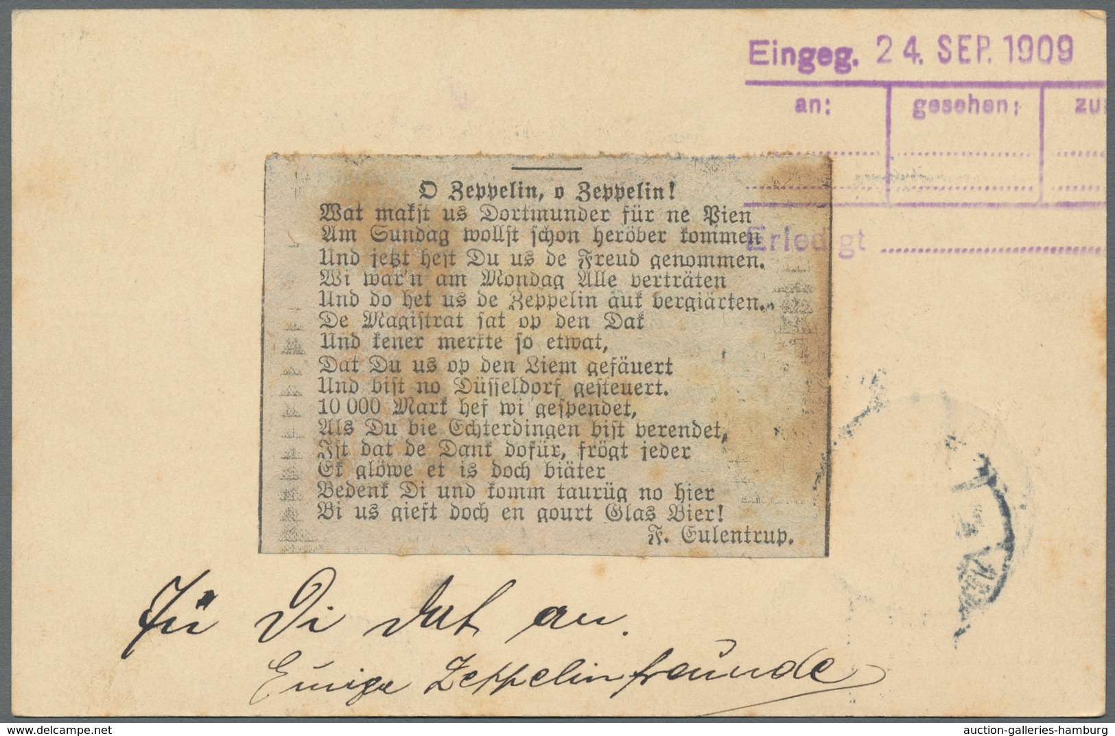 Zeppelinpost Deutschland: 1909-12, Fünf "Rühe"-Ansichtskarten Mit Zeppelin-Motiven Mit U.a. "Victori - Correo Aéreo & Zeppelin