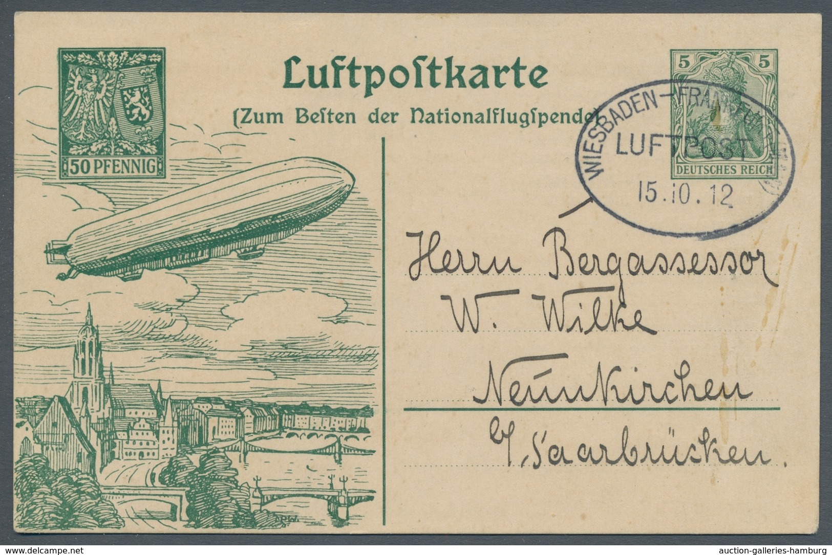 Zeppelinpost Deutschland: 1912 - Nationalflugspende Sonderfahrt, SFP 1 Mit Sonderstempel Wiesbaden G - Correo Aéreo & Zeppelin