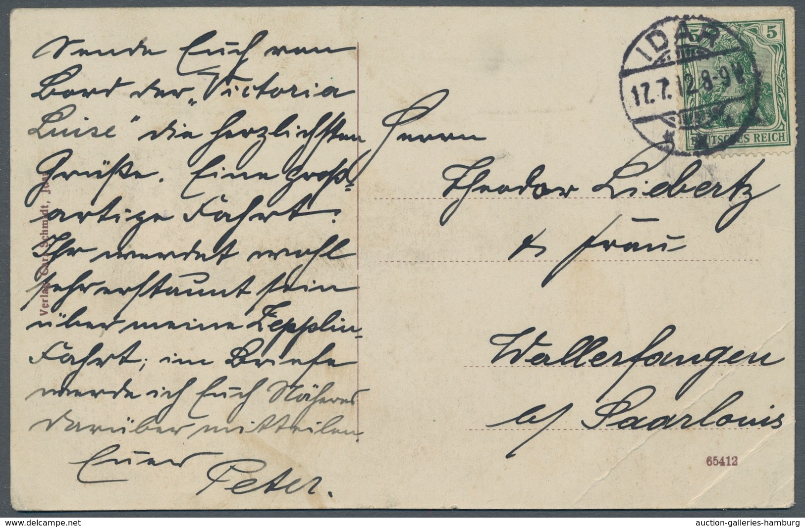 Zeppelinpost Deutschland: 1912 - Viktoria Luise, Offizielle Karte Ohne (!) Bordpostbestätigung An Bo - Airmail & Zeppelin