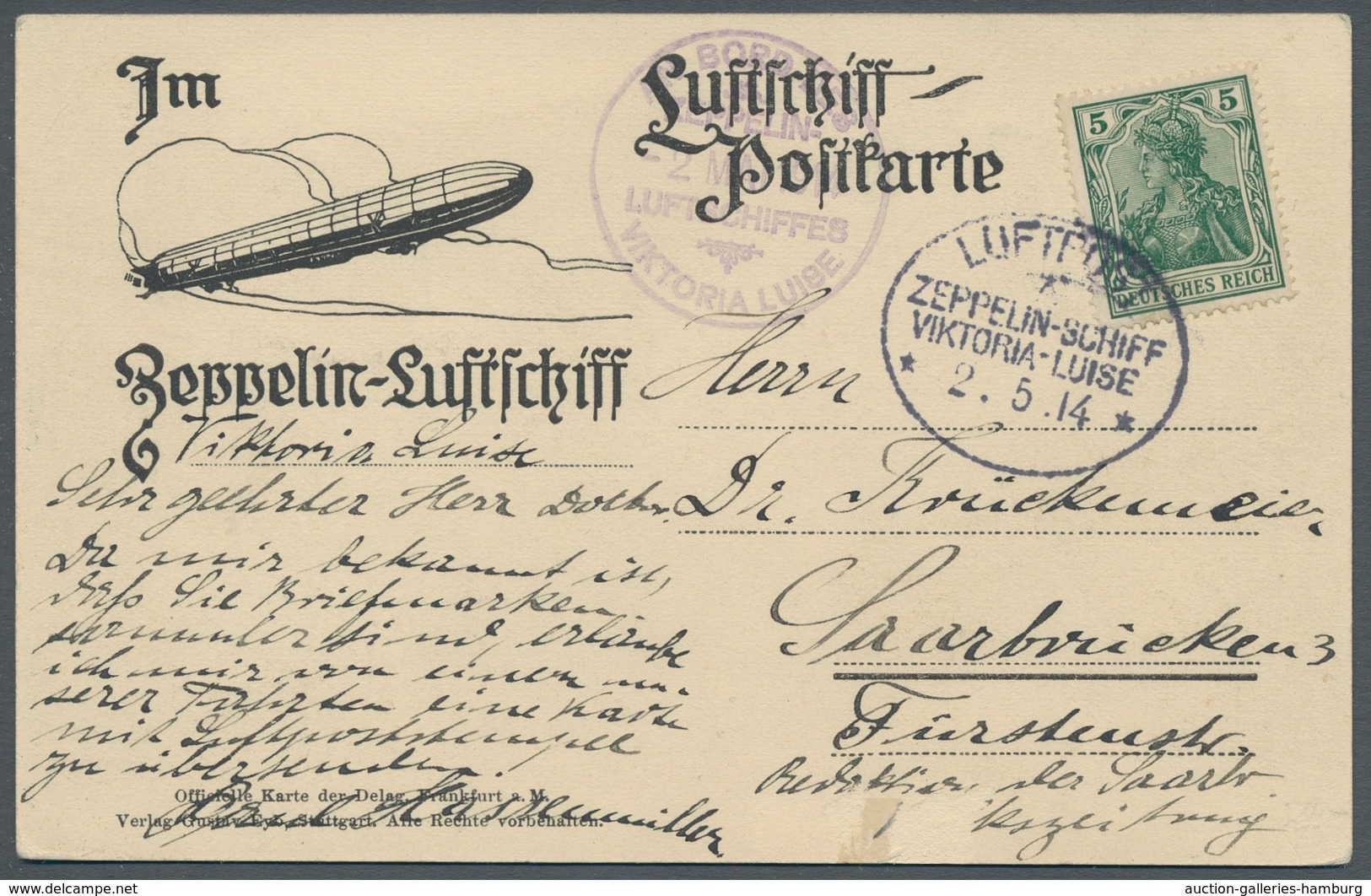 Zeppelinpost Deutschland: 1914 - Viktoria Luise, Offizielle Karte Vom 2.5.14 Mit Bordpoststempel Nac - Airmail & Zeppelin