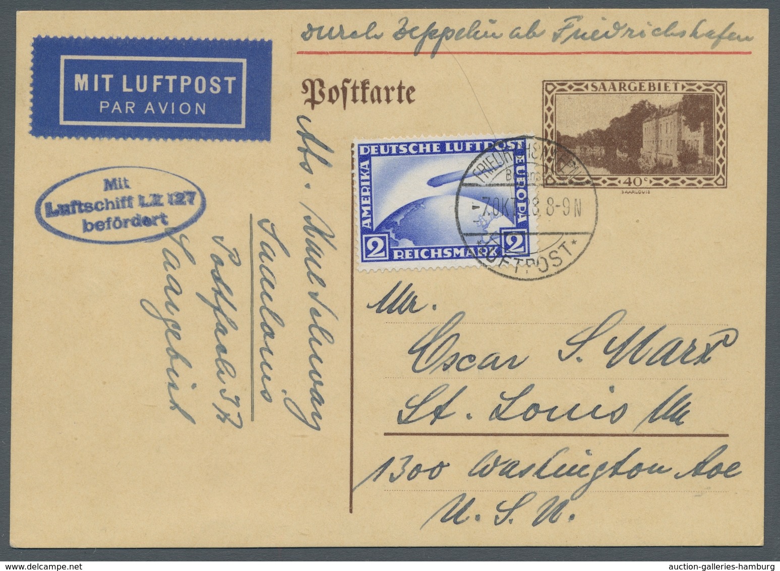 Zeppelinpost Deutschland: 1928 - Amerikafahrt, Mit 2 RM Zeppelin Frankierte Saar-Ganzsache Mit Aufli - Airmail & Zeppelin