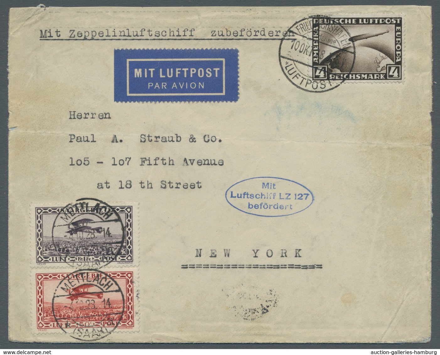 Zeppelinpost Deutschland: 1928 - Amerikafahrt, Zuleitung Saar Mit MiF DR/Saar Mit Auflieferung Fried - Correo Aéreo & Zeppelin