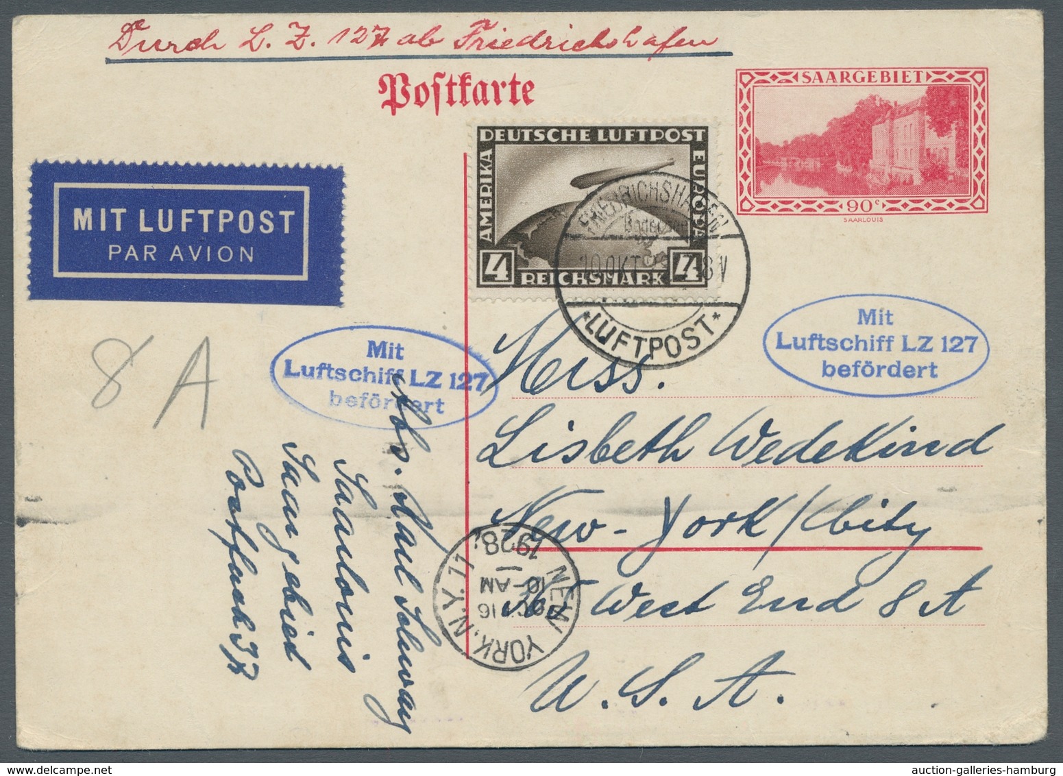 Zeppelinpost Deutschland: 1928 - Amerikafahrt, Mit 4 RM Zeppelin Frankierte Saar-Ganzsache Mit Aufli - Correo Aéreo & Zeppelin