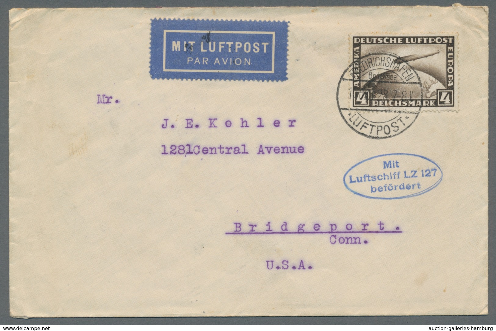 Zeppelinpost Deutschland: 1928, Amerikafahrt, 4 RM Zeppelin Braun Als Ef. Auf Brief N. Bridgeport Ak - Correo Aéreo & Zeppelin