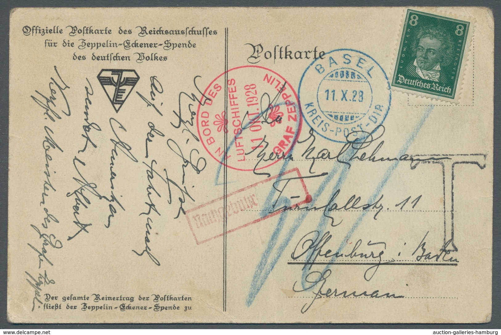 Zeppelinpost Deutschland: 1928 - Amerikafahrt/Abwurf Basel, Offizielle Karte Mit Bestätigungsstempel - Correo Aéreo & Zeppelin