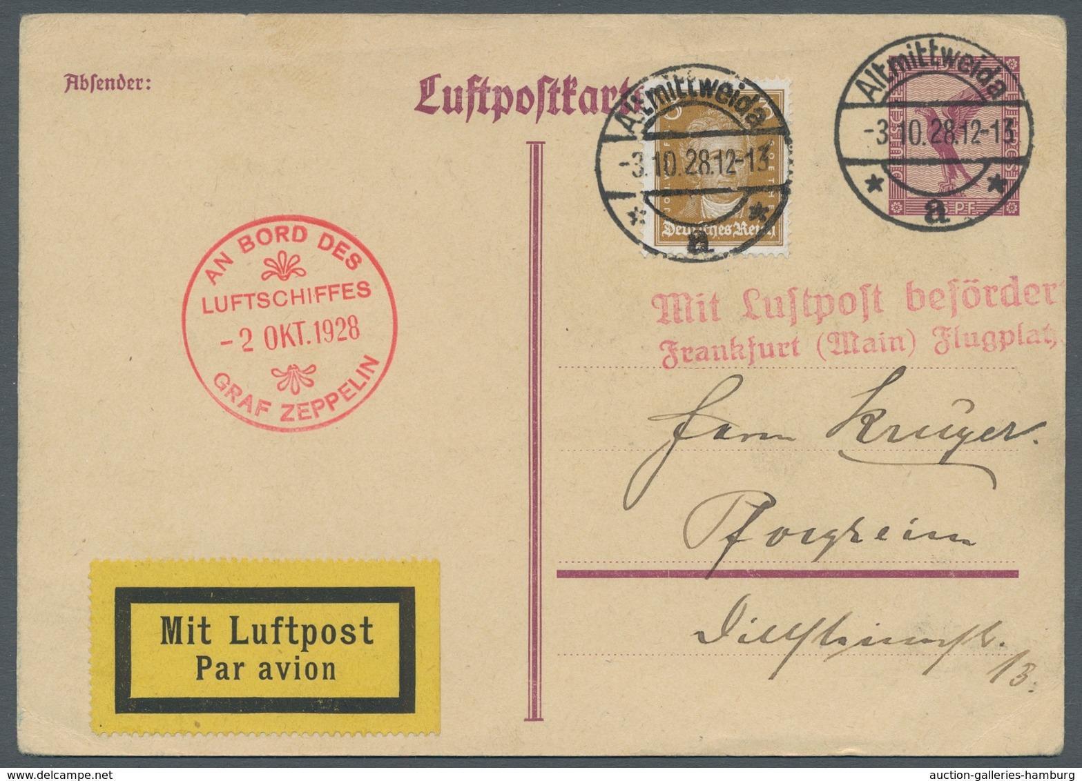 Zeppelinpost Deutschland: 1928 - Deutschlandfahrt/Abwurf Altmittweida, Luftpostganzsache Mit Zusatzf - Correo Aéreo & Zeppelin