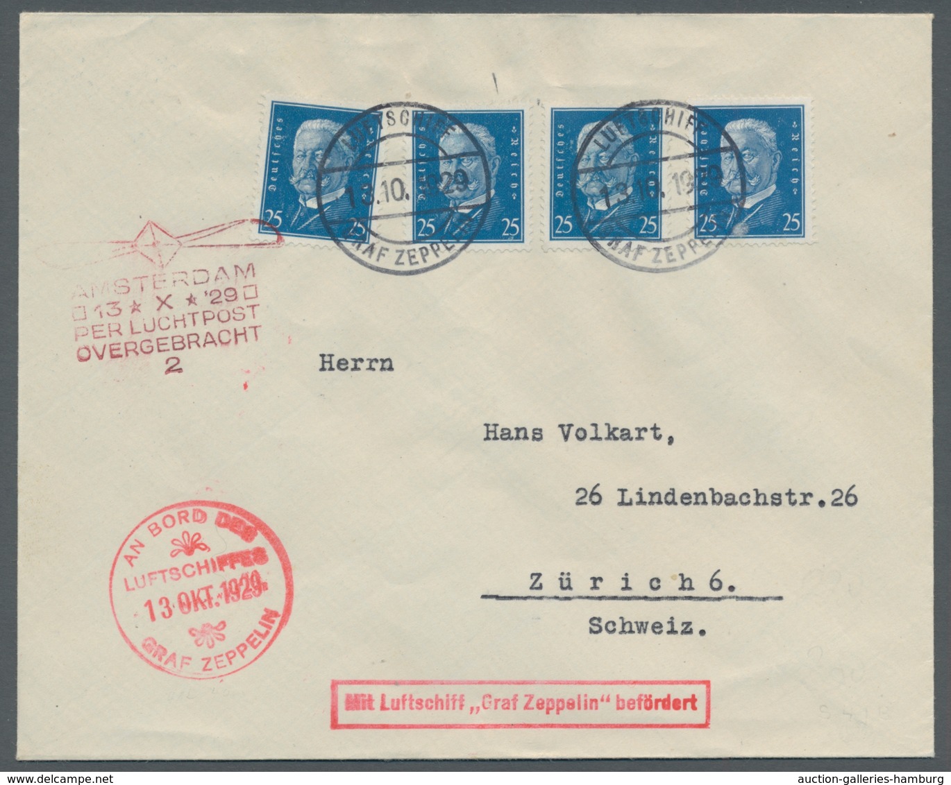 Zeppelinpost Deutschland: 1928, Hollandfahrt, Bordpost, Hindenburg 25 Pf Blau, Vom 13..10.29, 4 Wert - Correo Aéreo & Zeppelin