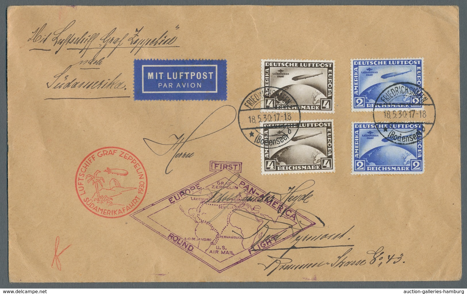 Zeppelinpost Deutschland: 1930, Südamerika, Je 2 Mal 2 Un 4 RM Auf Zeppelinbrief, Mit Allen Notwendi - Correo Aéreo & Zeppelin