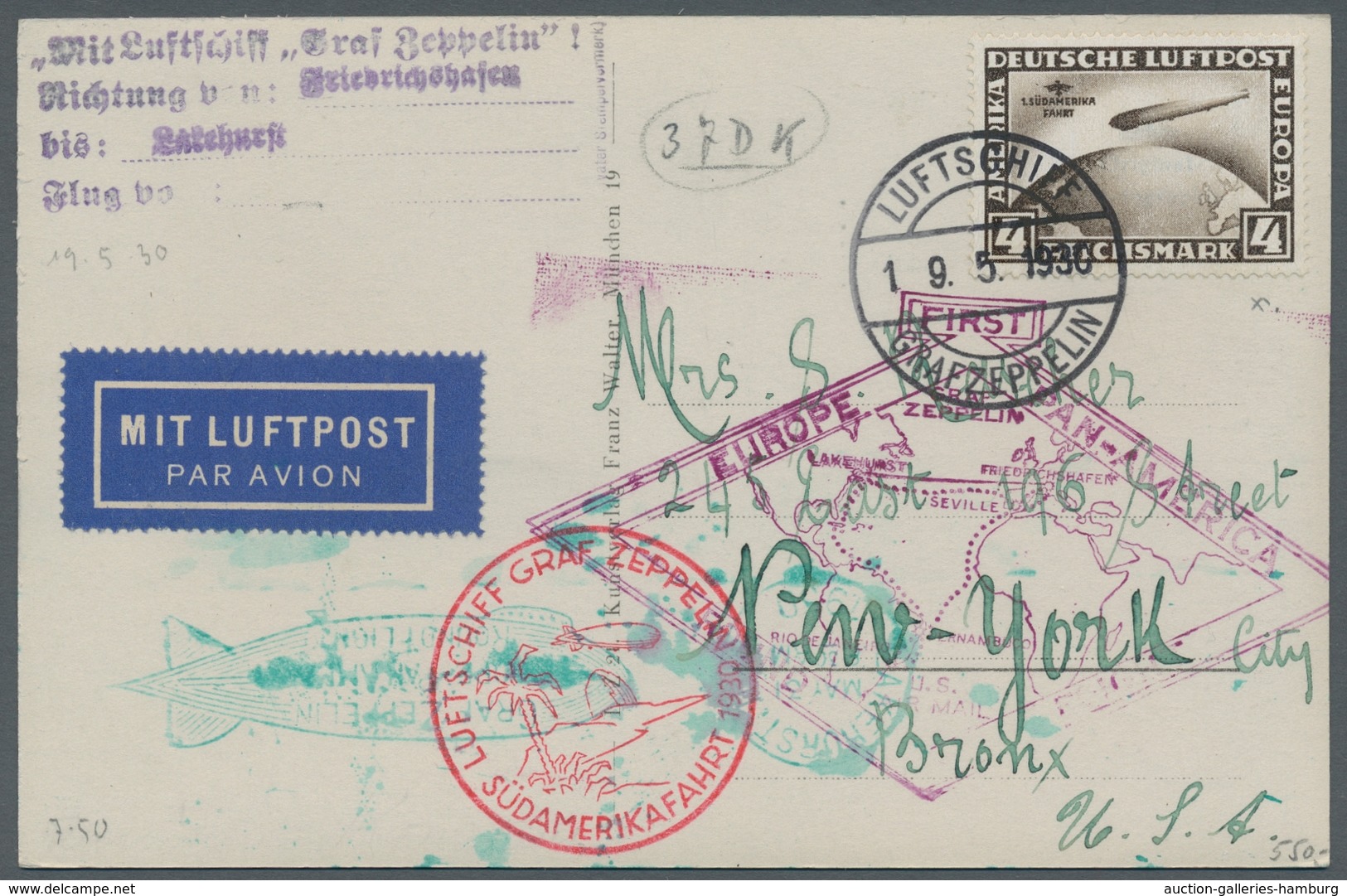 Zeppelinpost Deutschland: 1930-Südamerikafahrt Friedrichshafen Bis Lakehurst Mit Bordpoststepelentwe - Correo Aéreo & Zeppelin