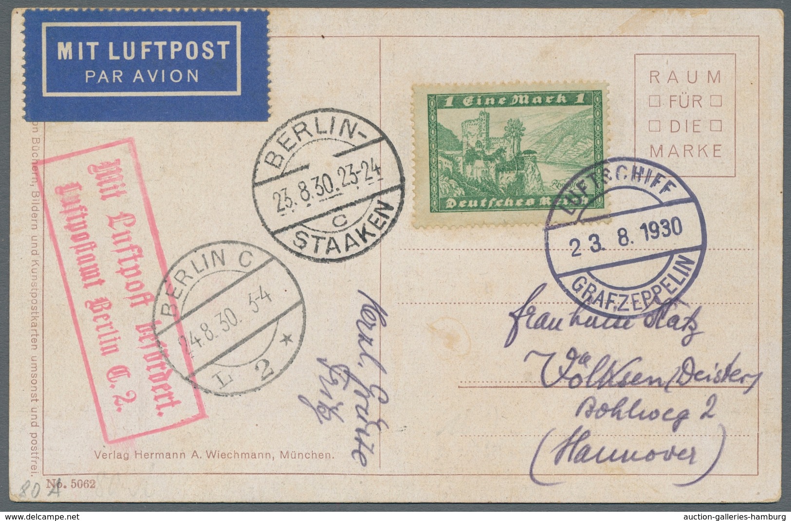 Zeppelinpost Deutschland: 1930, Ostpreussenfahrt, Bordpostkarte Bis Berlin, Mit 1 RM Rheinstein Fran - Airmail & Zeppelin